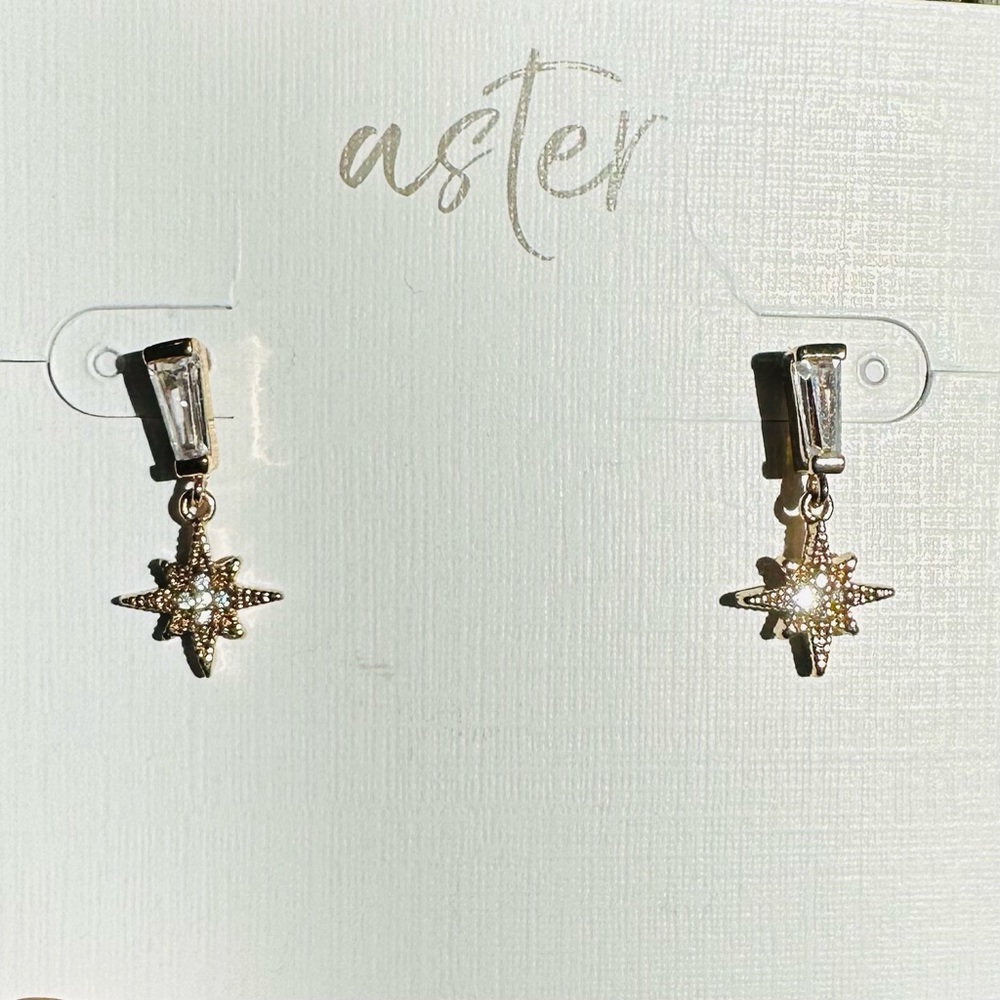 Aster Sparkle Drop Starburst Earrings Gold Tone CZ - Picture 4 of 5